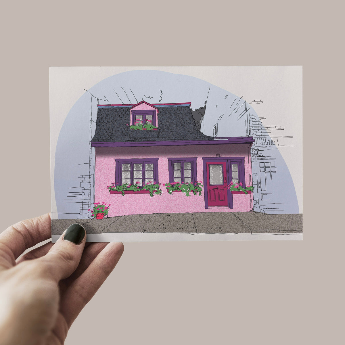 Illustration postale - Maison rose II